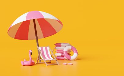 Summer,Sea,Beach,With,Beach,Chair,,Umbrella,,Inflatable,Flamingo,,Pile