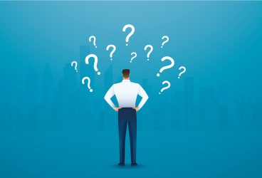 Back,View,Of,Businessman,Looking,At,Question,Marks,Vector,Illustration