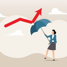 An,Illustration,Of,Businesswoman,Holding,Strong,Umbrella,To,Recover,Red