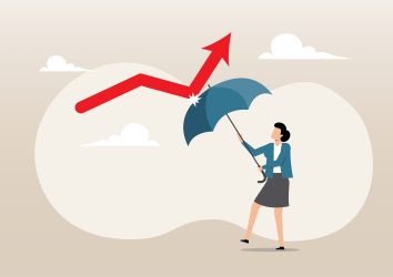 An,Illustration,Of,Businesswoman,Holding,Strong,Umbrella,To,Recover,Red