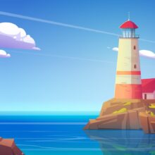 Lighthouse on rock island in sea. Vector cartoon illustration of summer landscape of ocean shore with beacon and building on cliff. Seascape with nautical navigation tower with lamp on coast