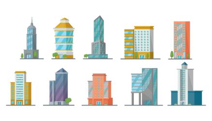 Office,City,Buildings,Of,Different,Shapes,Cartoon,Vector,Illustration,Set.